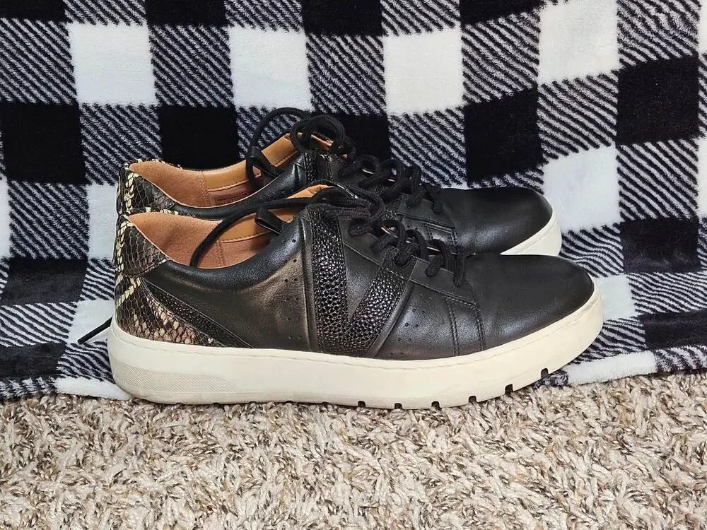 Vionic Simasa Ray Leather Sneakers Womens 9 Black Snake Print Lace Up Comfort